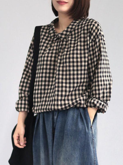 Linen Back-button Plaid Loose Blouse Top