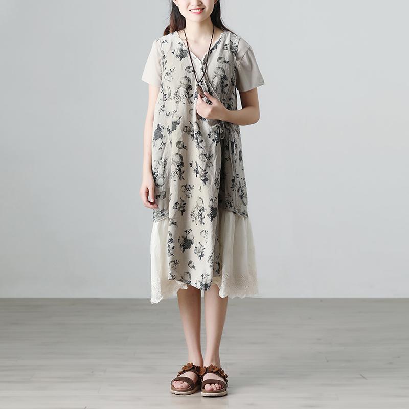 Casual Summer Short Sleeve Floral Beige Long Dresses