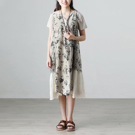 Casual Summer Short Sleeve Floral Beige Long Dresses