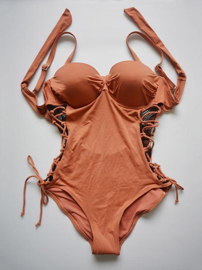 Plain Lace-up One-piece Swimwear