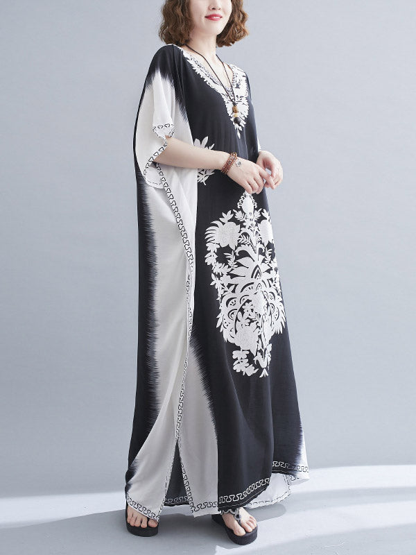 Bohemia Printed V-Neck Batwing Sleeves Contrast Color Maxi Dress