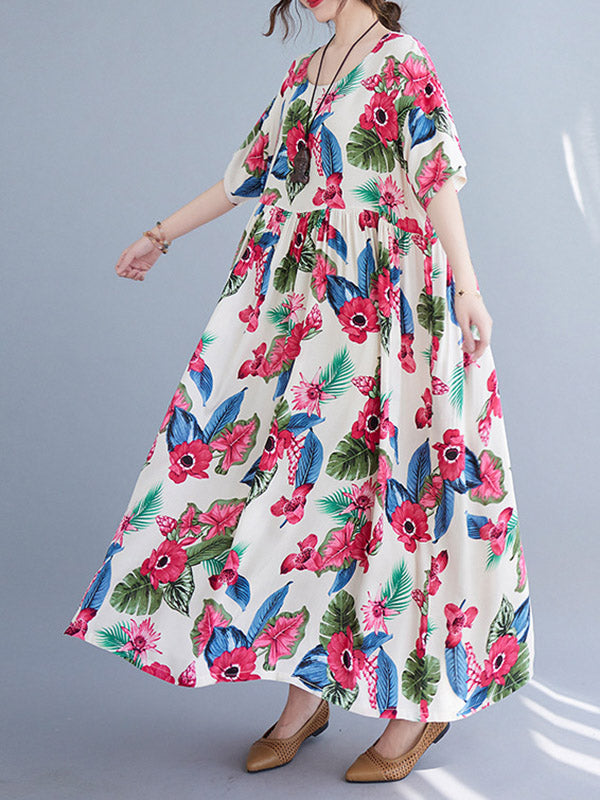 Artistic Retro Loose Floral Printed Pleated Round-Neck Half Sleeves Midi Dress