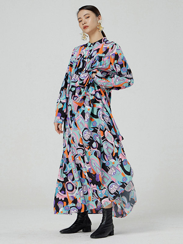 Original Abstract Printed Stand Collar Long Sleeves Midi Dress