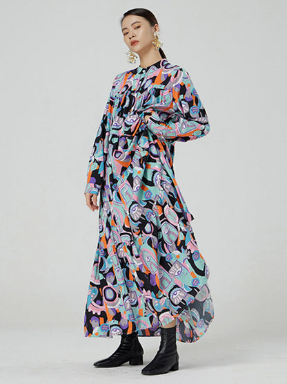 Original Abstract Printed Stand Collar Long Sleeves Midi Dress