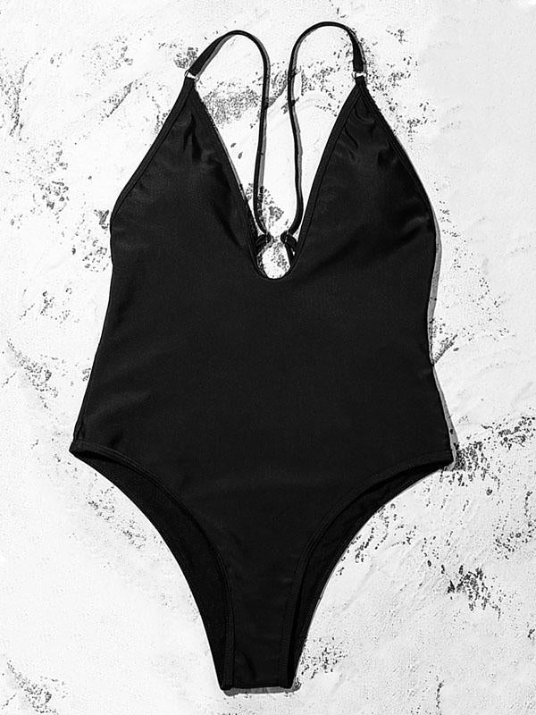 Solid Color Deep V-Neck Split Bikini Swimsuit