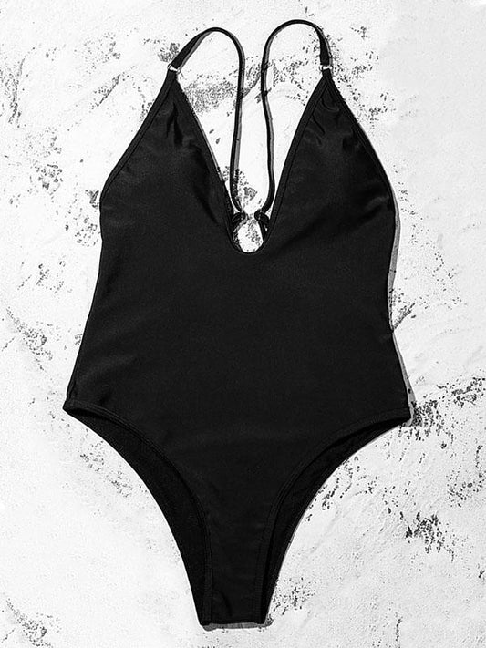 Solid Color Deep V-Neck Split Bikini Swimsuit