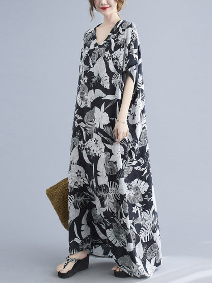 Loose Floral Printed V-Neck Half Sleeves Maxi Dress