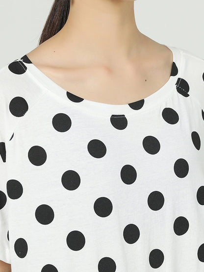Original Split-Joint Polka-Dot Contrast Color Round-Neck Short Sleeves Midi Dress