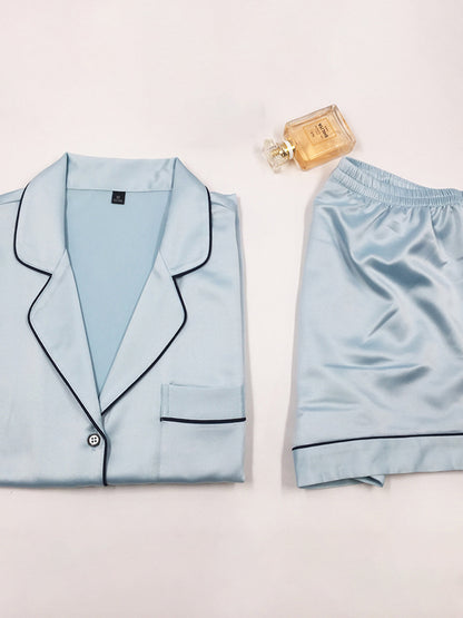 Casual Solid Color Notched Collar Short Sleeves Shirts+ Elastics Shorts Pajama