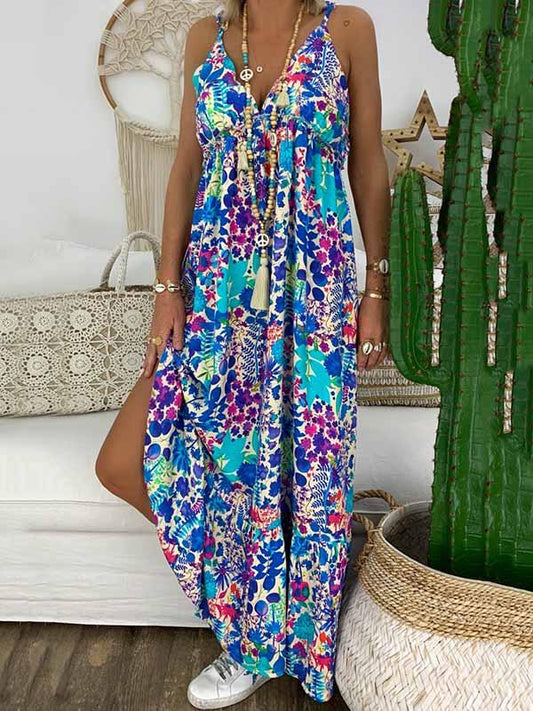 Beach V-neck Printed Spaghetti-neck Maxi Dress