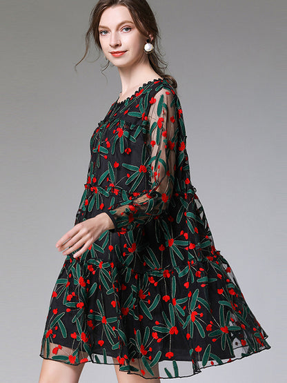 Original Lace Mesh Embroidered Contrast Color Mini Dress