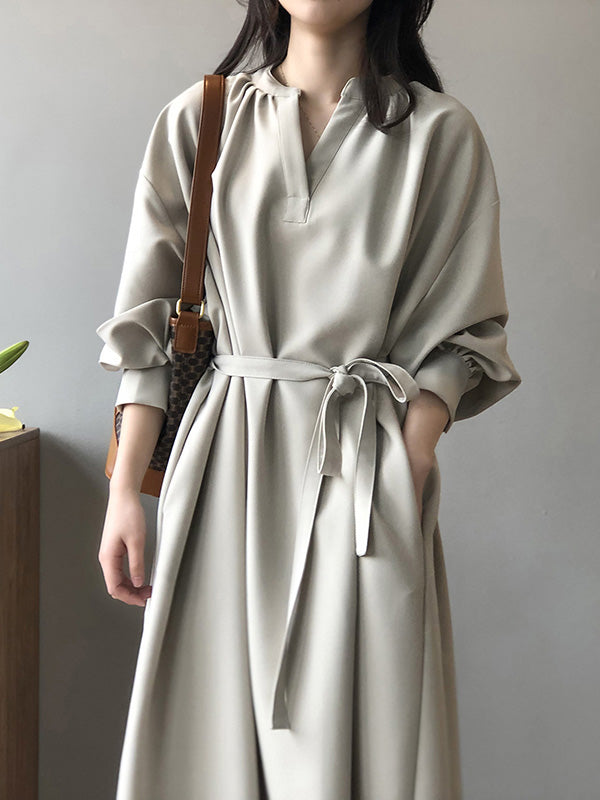 Urban Simple Solid Color Pleated Tied V-Neck Long Sleeves Midi Dress