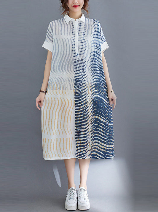 Original Printing Lapel Short Sleeve Split-Joint Shirt Dress