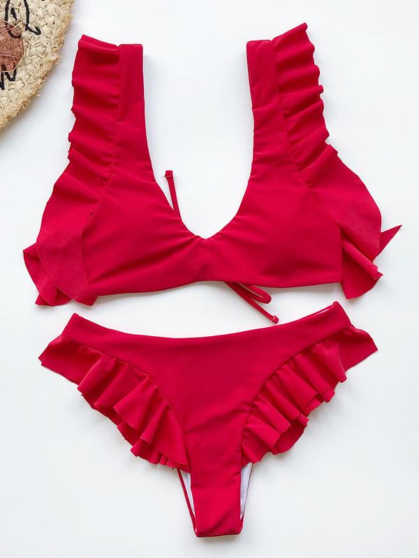 V-Neck Flounce Solid Color Split Bikini Swimsuit