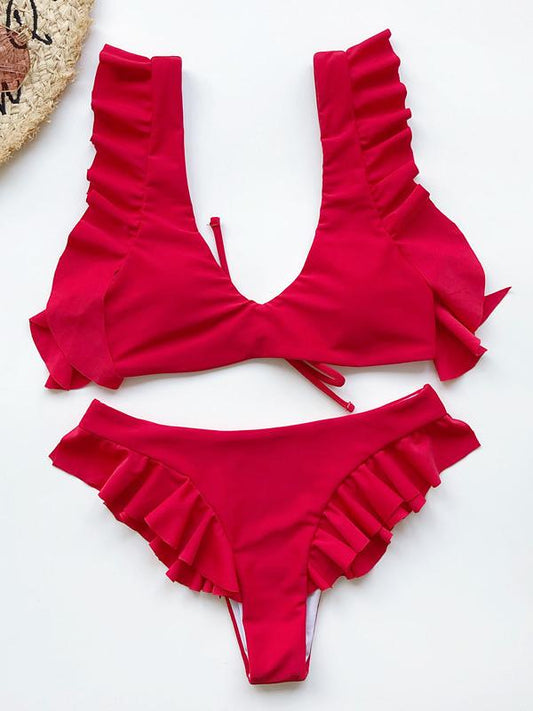V-Neck Flounce Solid Color Split Bikini Swimsuit