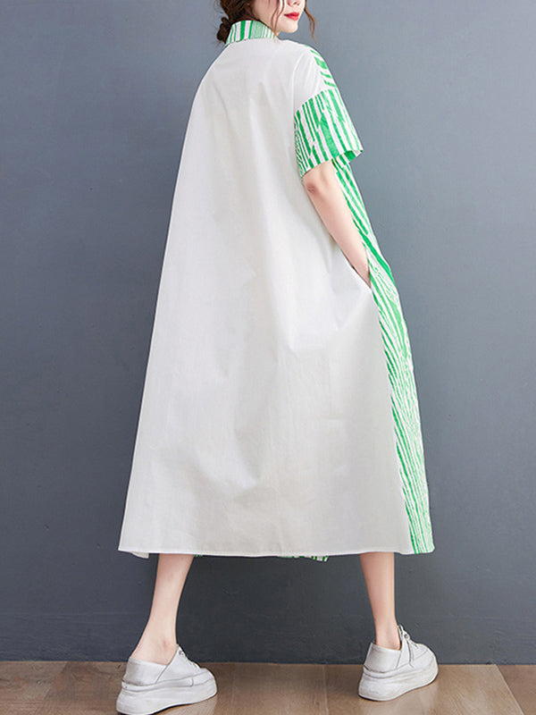 Artistic Retro Loose Striped Contrast Color Midi Shirt Dress