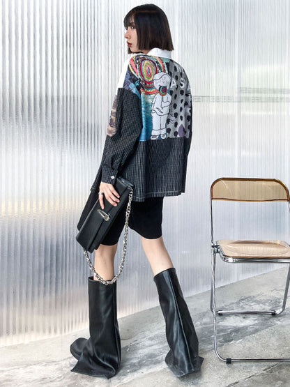 Stylish Cartoon Printed Plaid Split-Joint Lapel Collar Long Sleeves Blouse