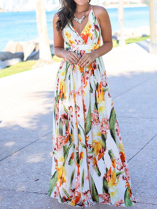 V-neck Backless Floral Printed Maxi Dress