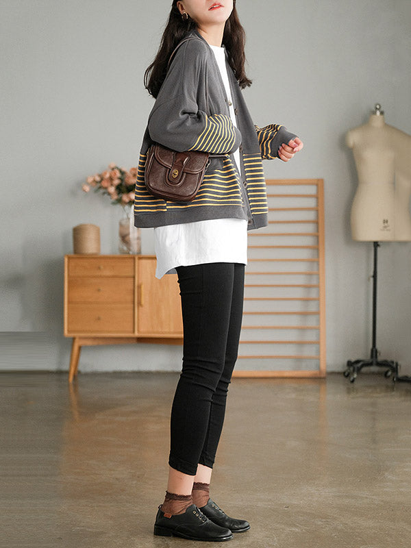 Casual Striped Buttoned V-Neck Batwing Sleeve Outerwear