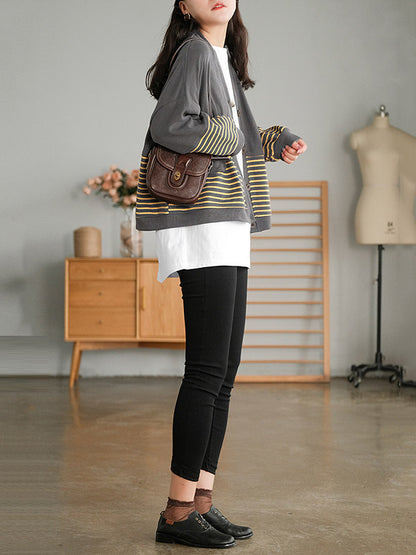 Casual Striped Buttoned V-Neck Batwing Sleeve Outerwear