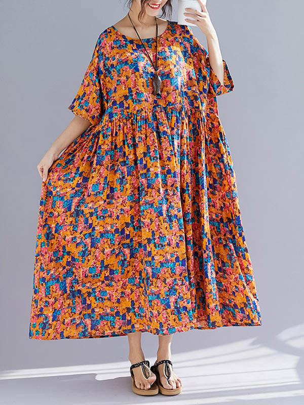 Plus Size Flower Print Round-neck Loose Long Dress