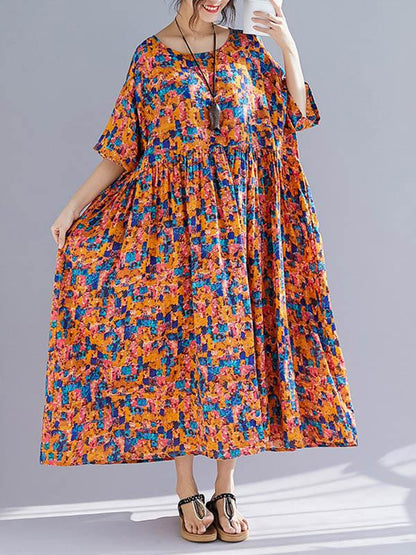 Plus Size Flower Print Round-neck Loose Long Dress