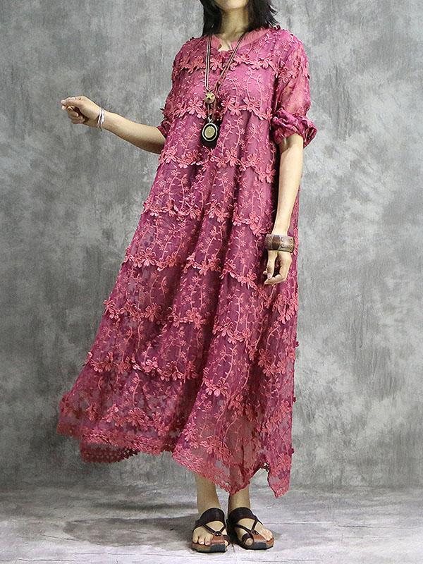 Loose Solid Hollow Flower Embroidered Maxi Dresses