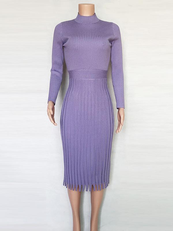Solid Long-Sleeves Midi Dress