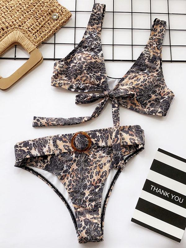 Leopard Gradient Belt Bikini Swimsuit