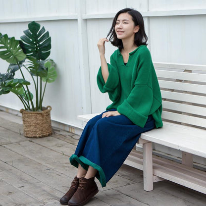 Buykud Simple Solid Color V-neck Ultra-loose Sweater