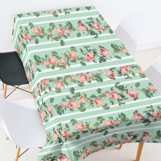 Rose Green Plants Striped Casual Printed Tablecloth