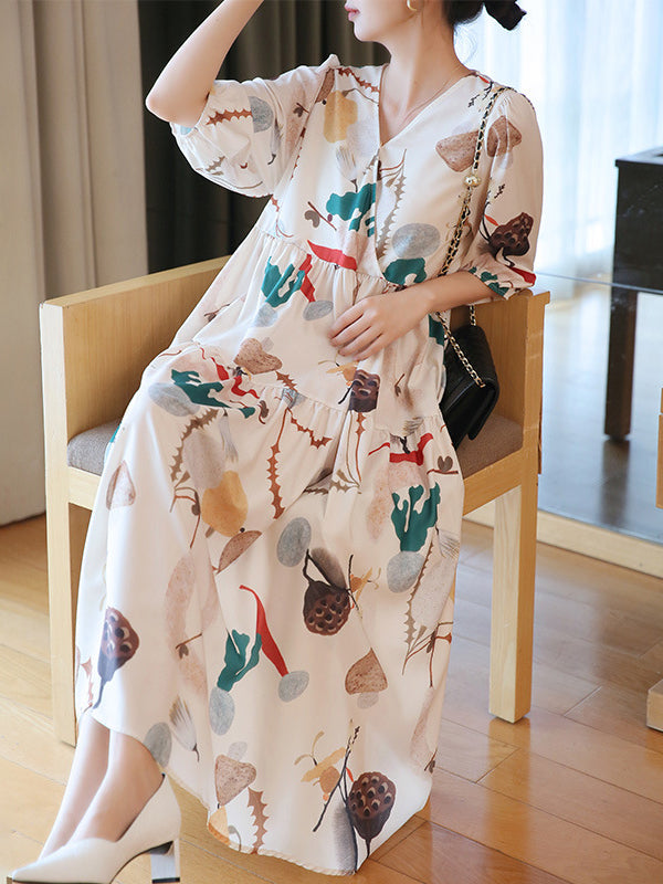 Original Printing Split-Joint V-Neck Midi Dress