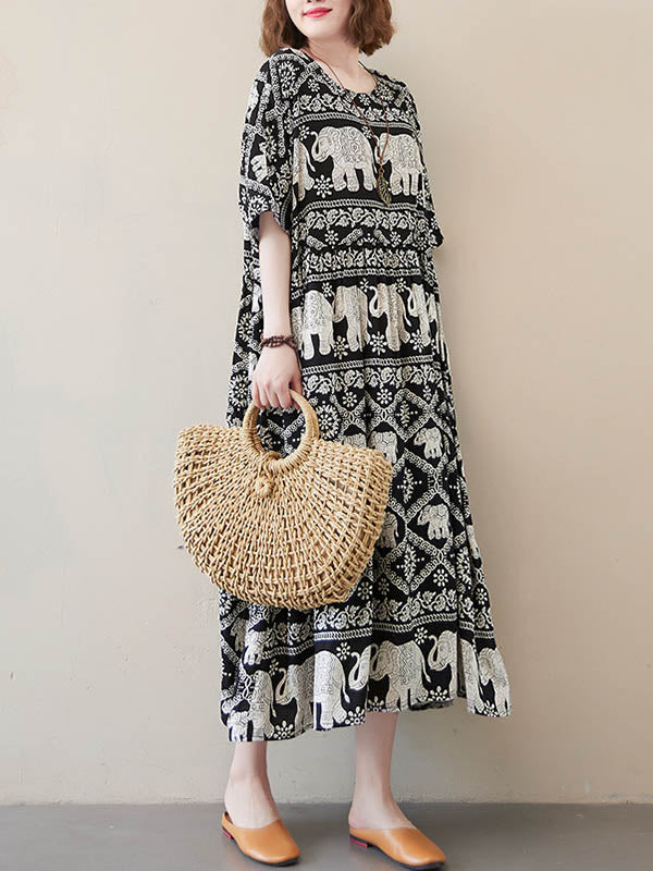 National Floral Ethnic Printed Pleated Round-Neck Half Sleeves Midi Dress
