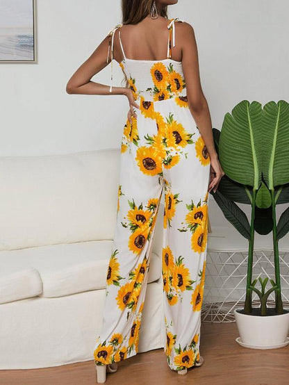 Sunflower Printed Spaghetti-neck Jumpsuits