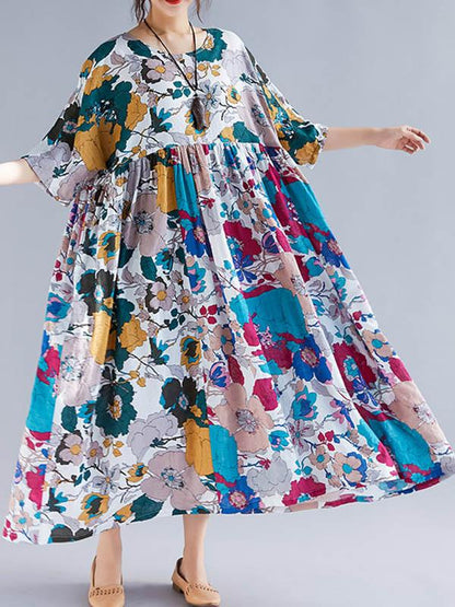 Plus Size Flower Print Round-neck Ramie Long Dress