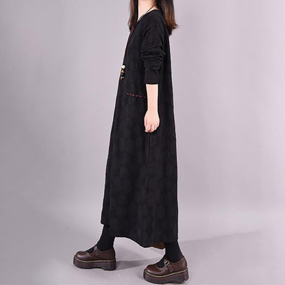 Buykud Dots Embroidery V-Neck Pullover Casual Loose Dress