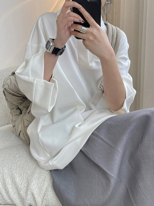 Girlish Loose Black&White V-Neck Half Sleeves T-Shirts