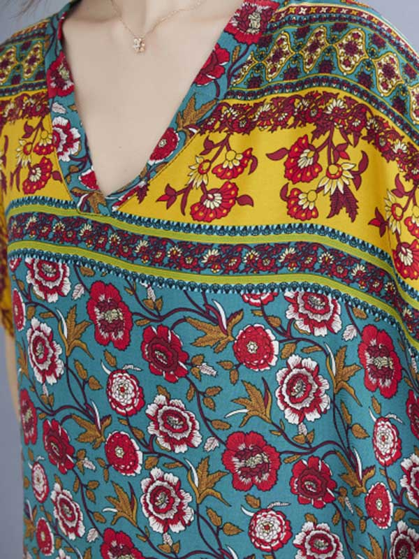 Vacation Flower Print V-Neck Batwing Sleeve Maxi Dress