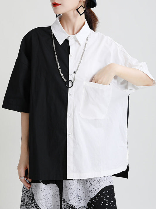 Original Contrast Color Split-Joint With Pocket Buttoned Lapel Color Long Sleeves Blouse