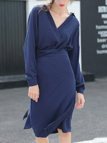 Urban Solid Color Asymmetric Batwing Sleeve Midi Dress