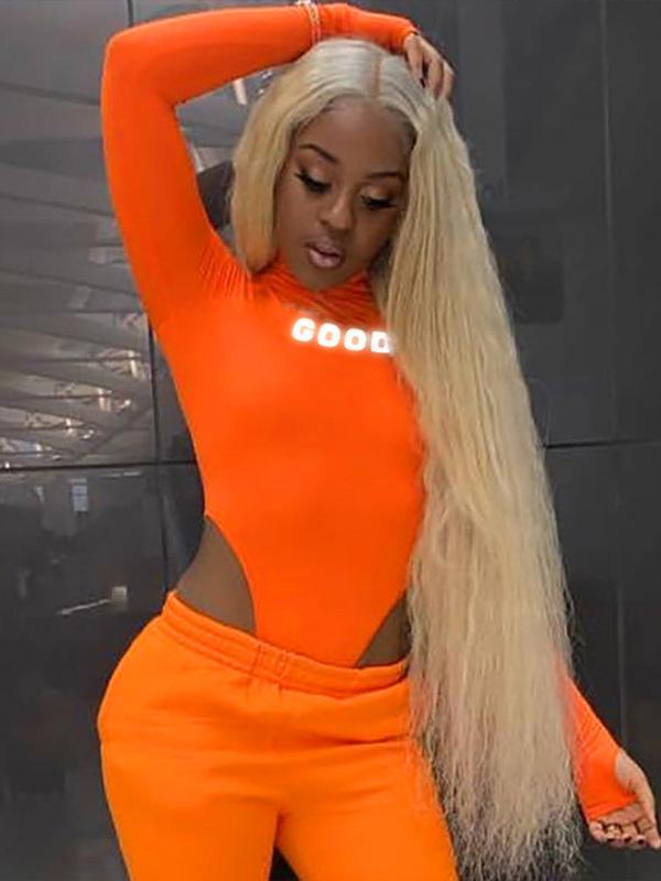 Fluorescence Long Sleeves Printed Letters  Bodysuits