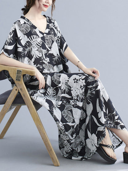 Loose Floral Printed V-Neck Half Sleeves Maxi Dress