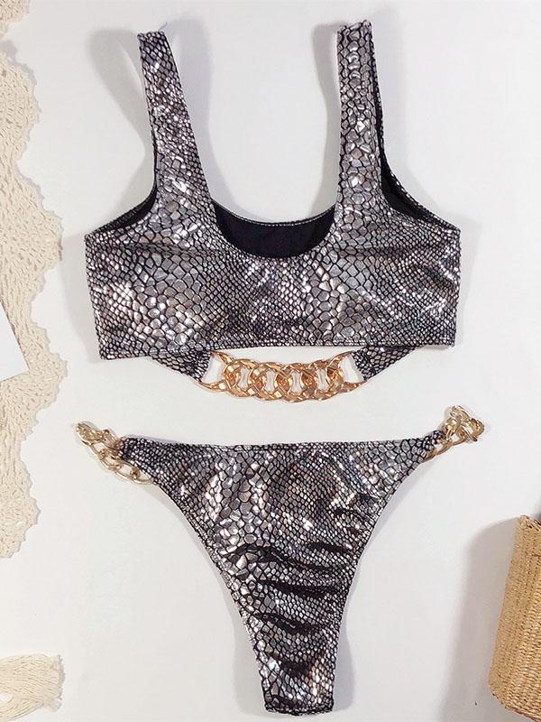 Snake-Print Chain Embellished Split Bikini Swimsuit