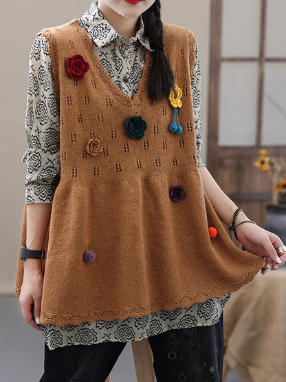 Vintage Knitting Sleeveless Applique V-Neck Vest Top