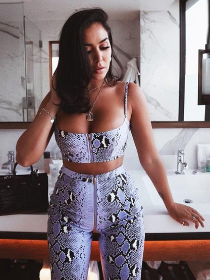 Snake Printed Front Zip Tanks Pants Suits