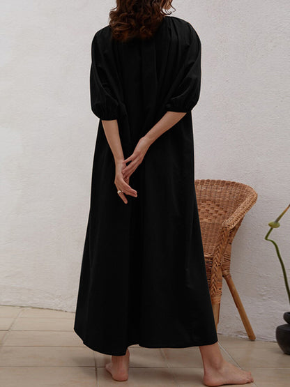 Casual Loose Linen 3 Colors Tied Pleated V-Neck Bishop Half Sleeves Midi Dress