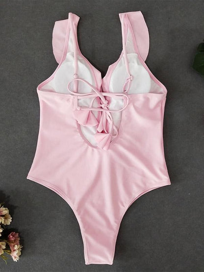 Plunge Falbala Plain One Piece Swimsuit