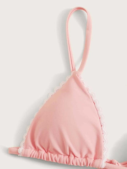 Solid Color Lace Bandage Split Bikini Swimsuit