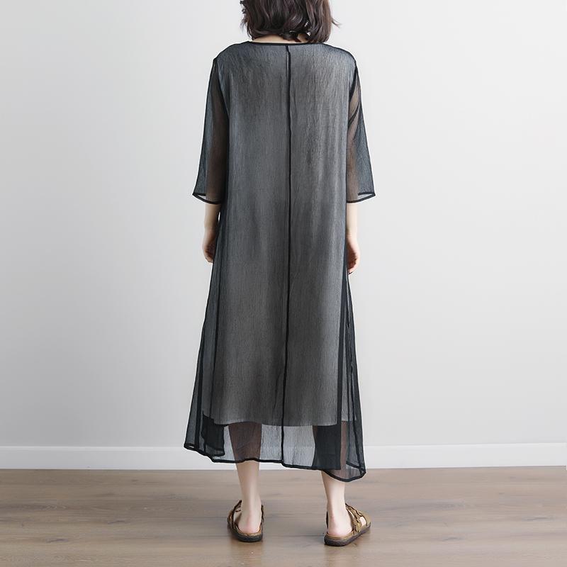 Black Summer Fake Two-piece Pockets Retro Tassel Dress