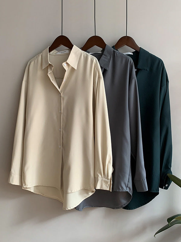 Simple Solid Color Buttoned Lapel Long Sleeves Blouse Tops